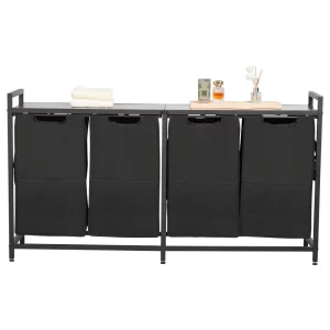 Kôš na bielizeň/košík na žatvu s drevenou doskou, triedič bielizne so 4 výsuvnými vreckami (látka 600D Oxford) a kovovým rámom, systém triedenia špinavej bielizne, kúpeľňa, čierny