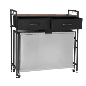 Kôš na bielizeň/zberný kôš s 3 priehradkami a drevenou doskou, triedič bielizne na kolieskach s 2 zásuvkami a háčikmi, separátor/triediaci systém na špinavé oblečenie v kúpeľni