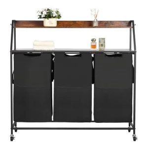 Kôš na bielizeň, triedič bielizne s 3 priehradkami (látka 600D Oxford) a drevenou doskou, kôš na bielizeň na kolieskach s rebríkovými policami, separátor bielizne, systém na triedenie špinavej bielizne