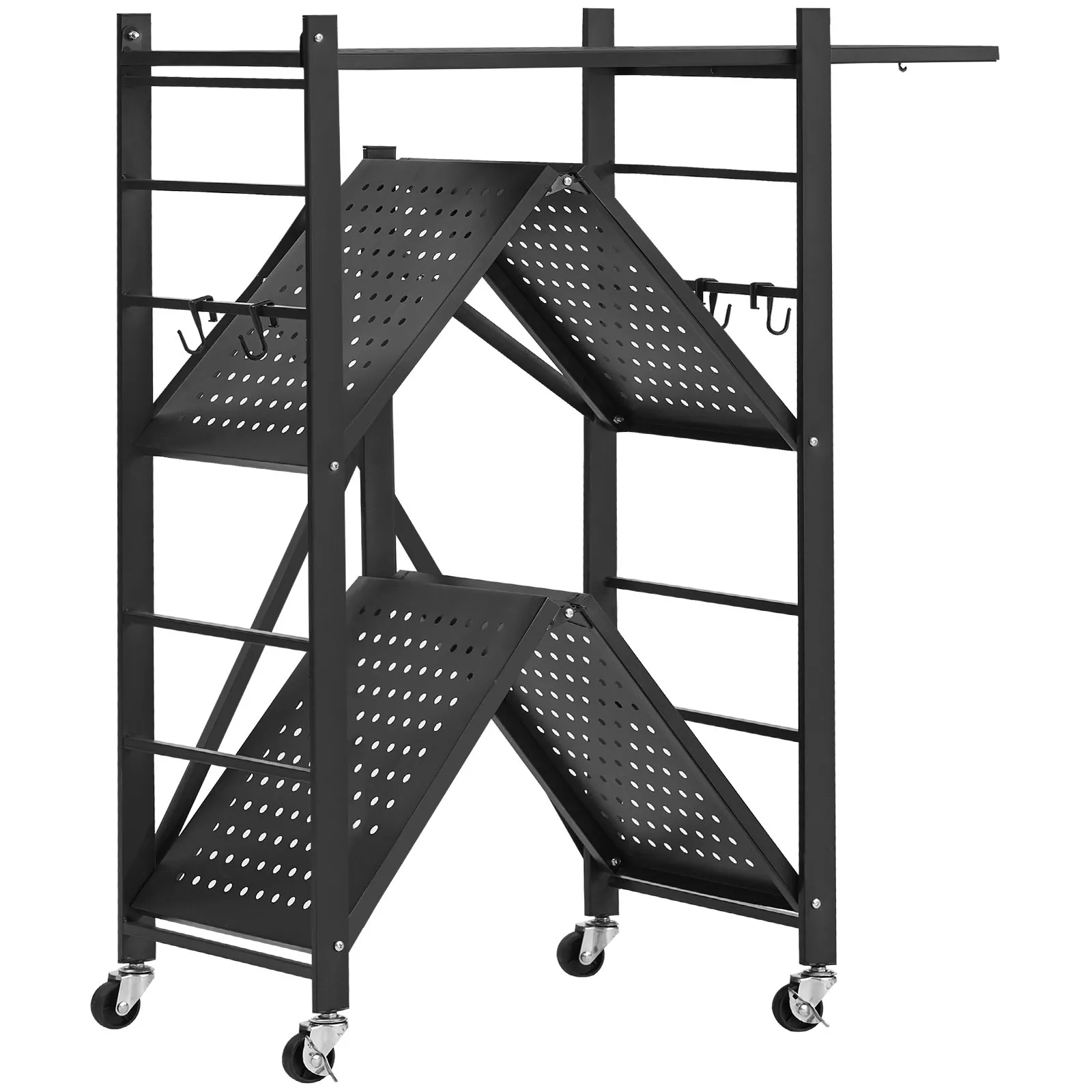 3-úrovňové skladacie police s kolieskami, 33x76x91 cm, skladacia vysokovýkonná polica, voľne stojaca polica bez montáže, polica do domácnosti, kuchynská polica, kovová polica do garáže, kuchyne, pivnice, čierna – Obrázok 2