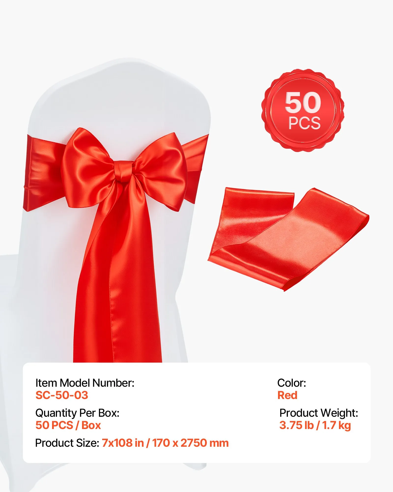 Saténové návleky na stoličky s mašľami (275x17 cm) 50 ks. Stuhy na stoličky na viazanie, Stuhy na stoličky na svadby, večierky, banketové dekorácie, podujatia, Poťahy na banketové stoličky, Mašle na stoličky, Červené – Obrázok 6