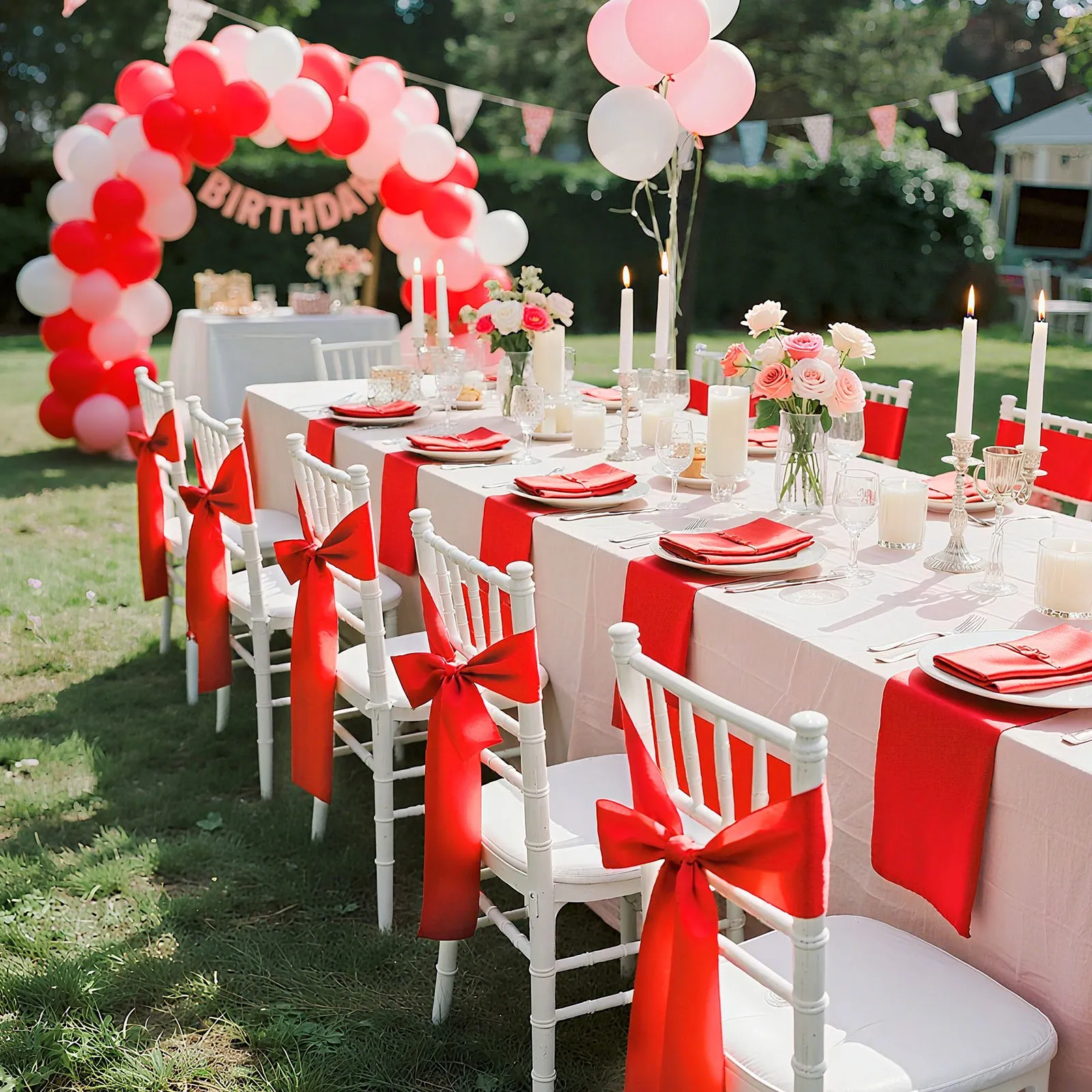 Saténové návleky na stoličky s mašľami (275x17 cm) 50 ks. Stuhy na stoličky na viazanie, Stuhy na stoličky na svadby, večierky, banketové dekorácie, podujatia, Poťahy na banketové stoličky, Mašle na stoličky, Červené – Obrázok 4