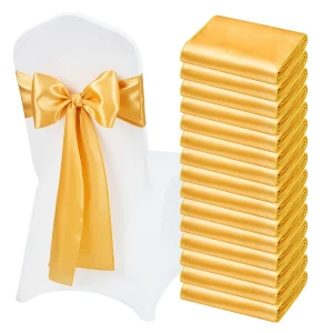 Strečové šerpy na stoličky s mašľami, Spandexové poťahy na stoličky a strečové šerpy na stoličky, Elastické pásy na stoličky, Zladená dekorácia stoličky na svadby, večierky a oslavy (50 kusov, zlaté)