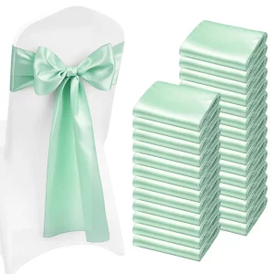 Saténové šerpy na stoličky  s mašľami (275x17 cm) 100 x šerpy na zaväzovanie, šerpy na stoličky na svadby, večierky, banketové dekorácie, podujatia, poťahy na banketové stoličky, šerpy na stoličky, zelené