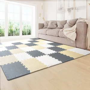 hracia podložka pre deti, 16 dielikov, hracia podložka z peny EVA, hracia podložka v tvare puzzle s rozmermi 16 štvorcových stôp, prepojené podložky pre batoľatá do herní a detských izieb, ťavia, sivá a béžová