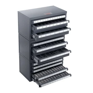 Skrinka na dávkovače vrtákov, 3-dielna, tri zásuvky pre priemery 1,6 mm až 12,7 mm a veľkosti písmen A až Z, organizér na vrtáky s piatimi zásuvkami pre priemery drôtov č. 1 až č. 60, stohovateľná skrinka