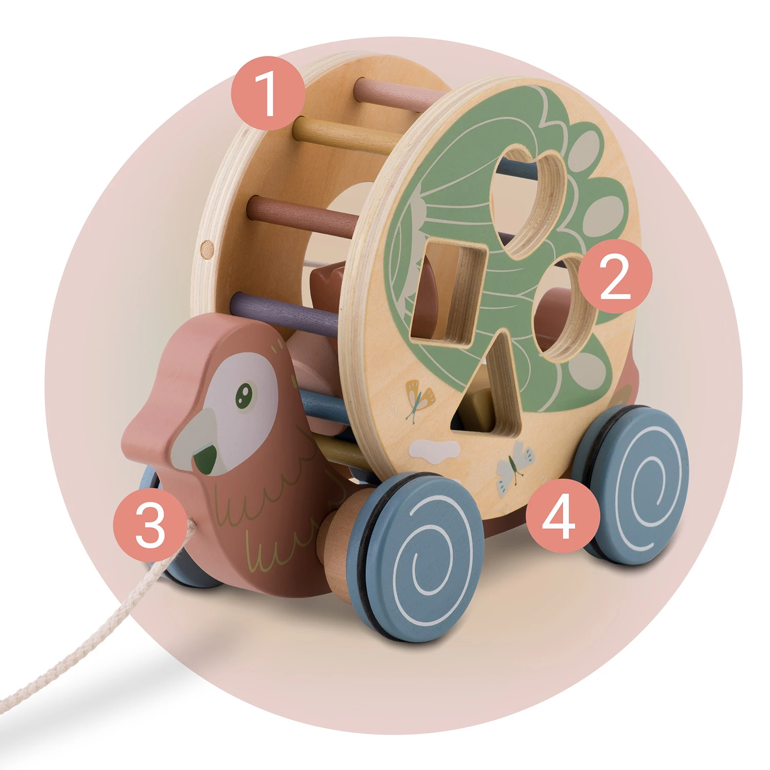 Drevená hračka na ťahanie papagáj NK-854 Nukido – Obrázok 2