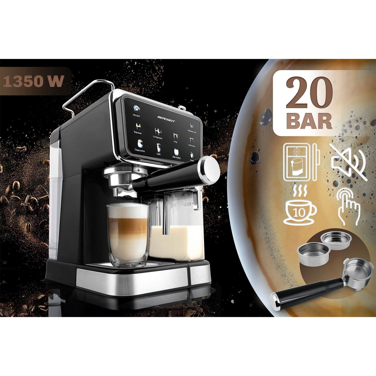 Berdsen BD-773 čierny kávovar na penenie mlieka s 20 barmi – Obrázok 7