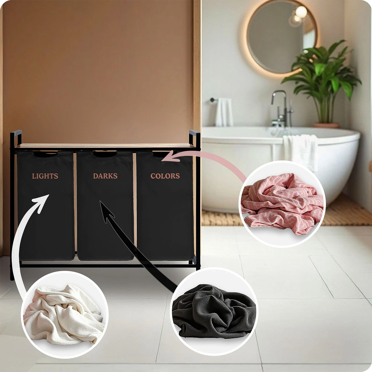 Trojpriestorový kôš na bielizeň na 120-litrovom ráme Massido – Obrázok 2