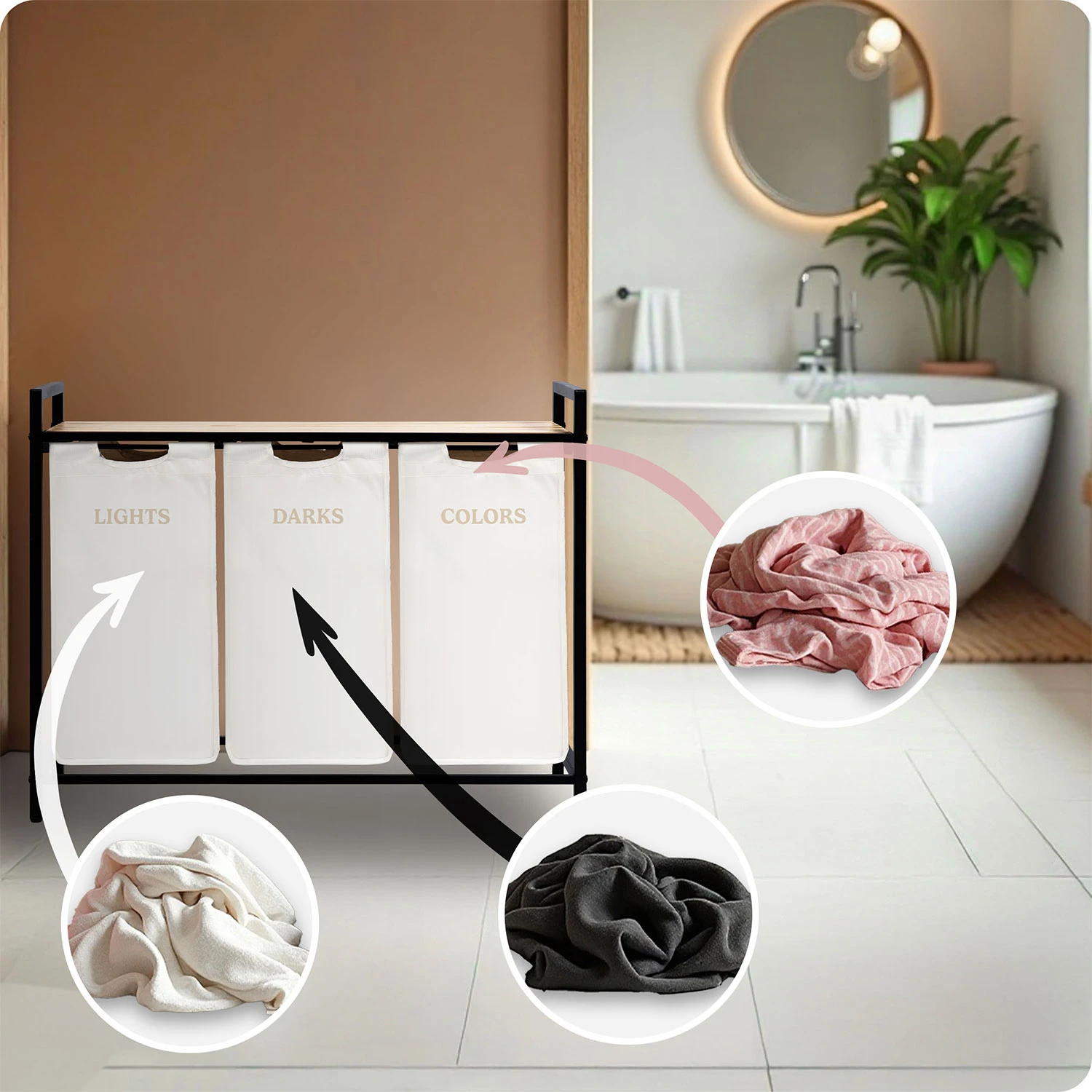 Trojpriestorový kôš na bielizeň na 120-litrovom ráme Massido – Obrázok 2