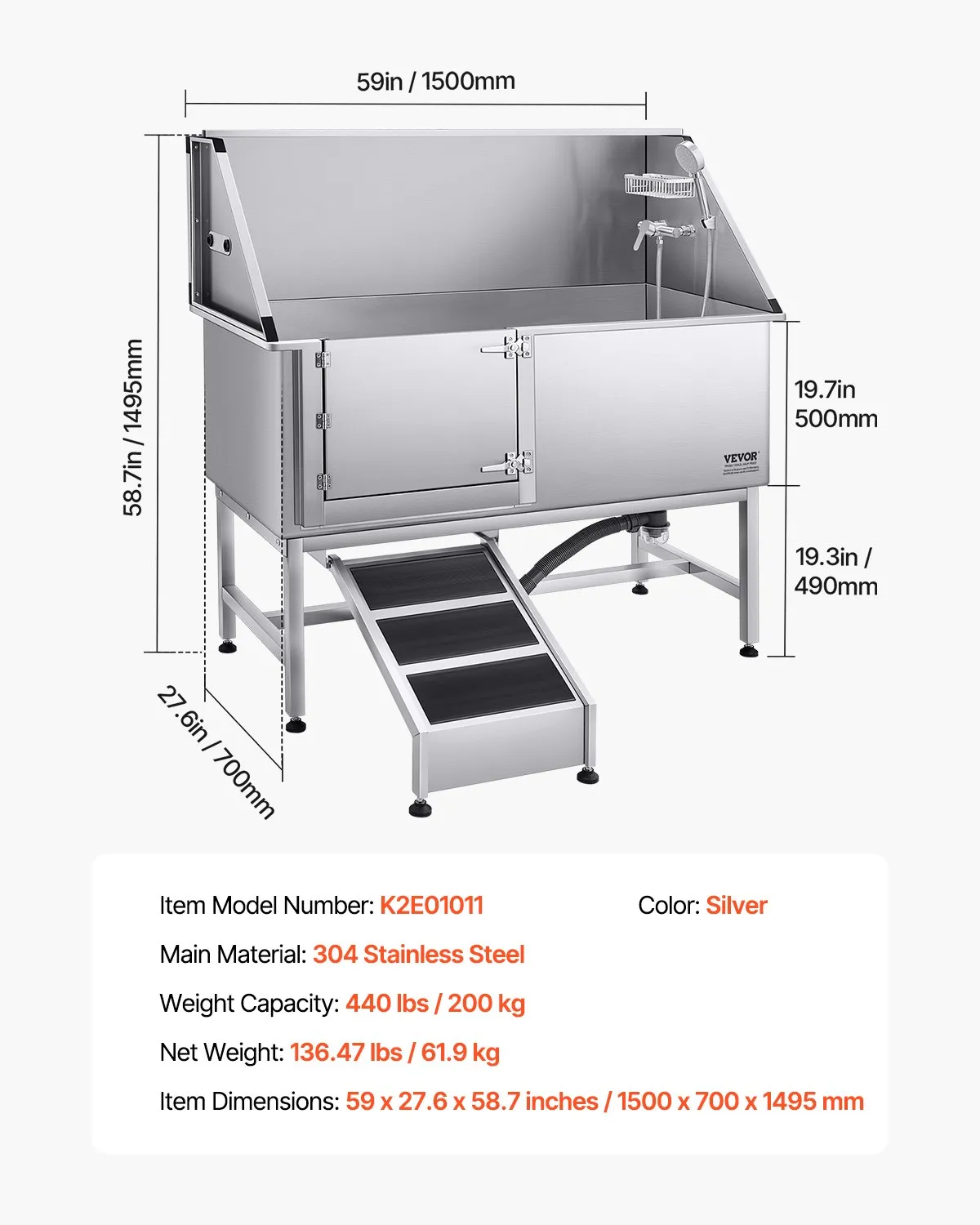 Umývacia stanica pre psov z nehrdzavejúcej ocele, vaňa na starostlivosť o domáce zvieratá 1500x700x1495 mm s rampou, filtračnou doskou z PE vody, batériou, sprchovou hlavicou a držiakom na mydlo, pre veľké, stredné a malé domáce zvieratá (ľavé dvere) – Obrázok 3