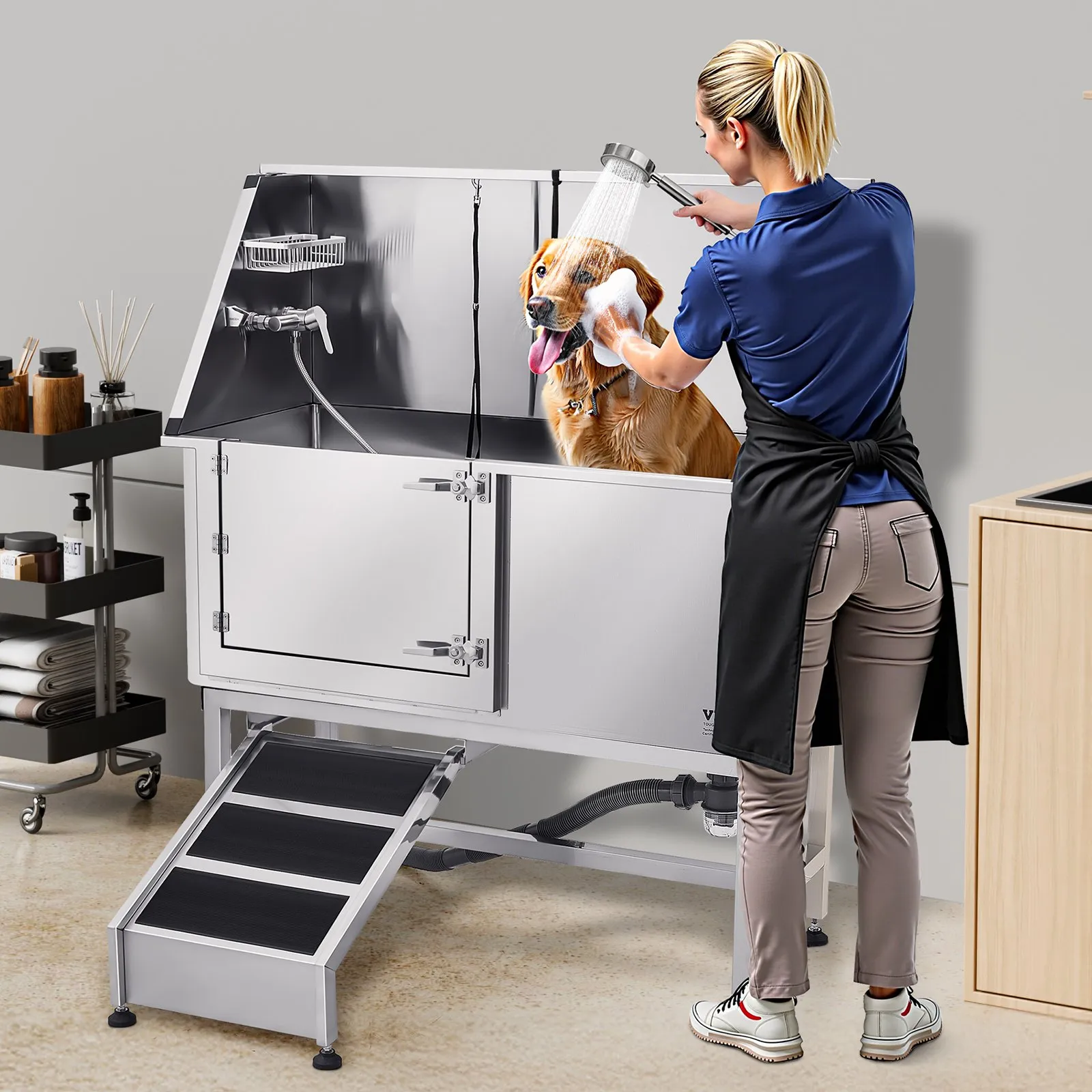 Umývacia stanica pre psov z nehrdzavejúcej ocele, vaňa na starostlivosť o domáce zvieratá 1500x700x1495 mm s rampou, filtračnou doskou z PE vody, batériou, sprchovou hlavicou a držiakom na mydlo, pre veľké, stredné a malé domáce zvieratá (ľavé dvere) – Obrázok 2