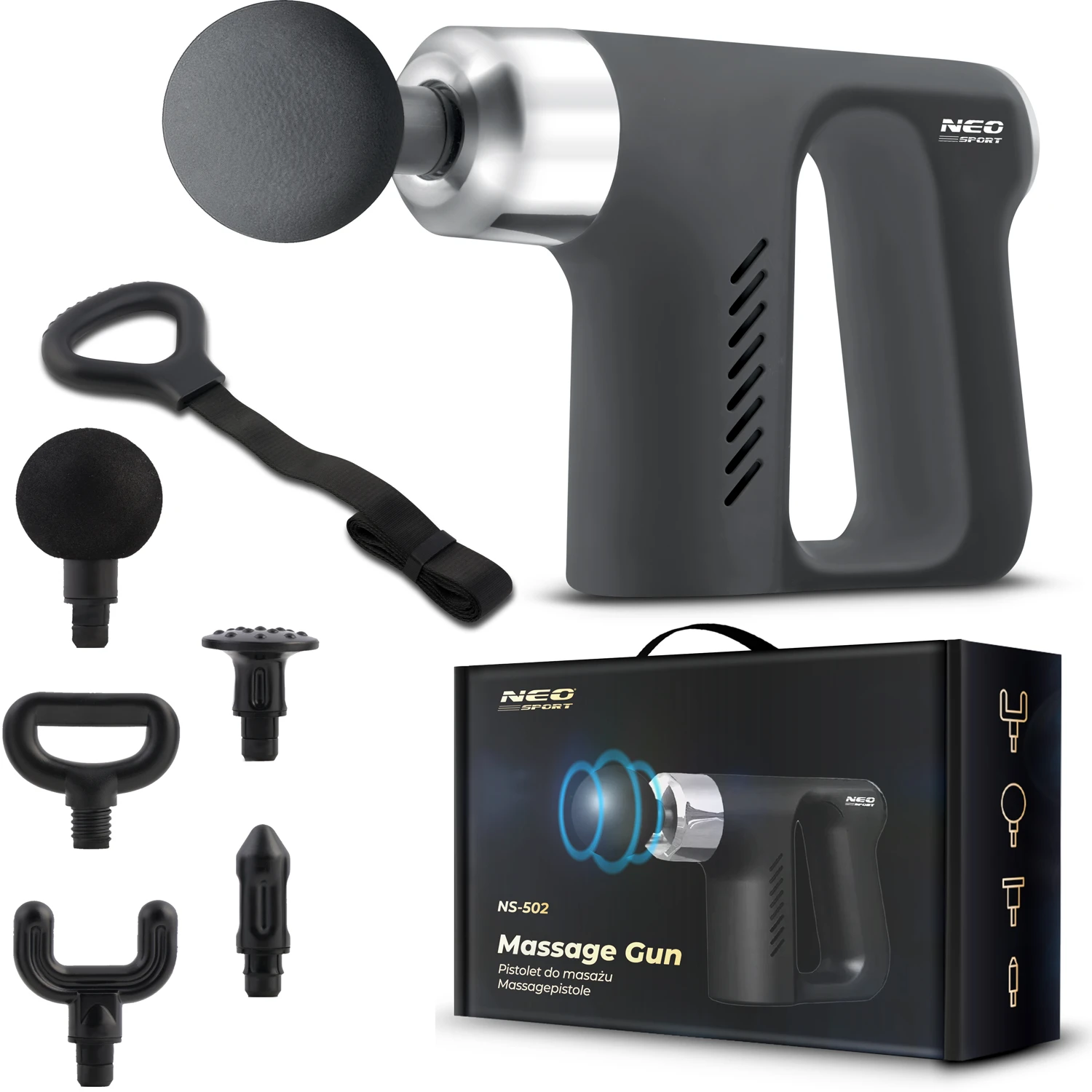 Masážna pištoľ na telo 5 nástavcov NS-502 Neo-sport čierna – Obrázok 9