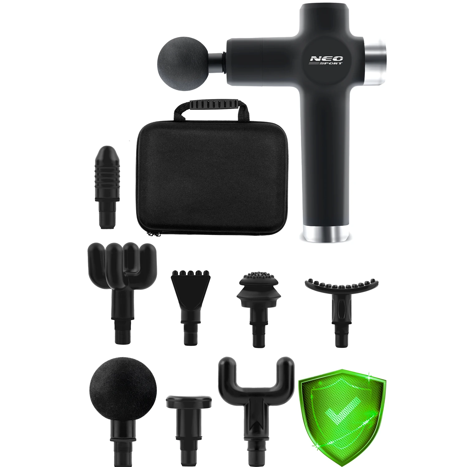 Masážna pištoľ na telo 8 nástavcov NS-501 Neo-sport čierna – Obrázok 2