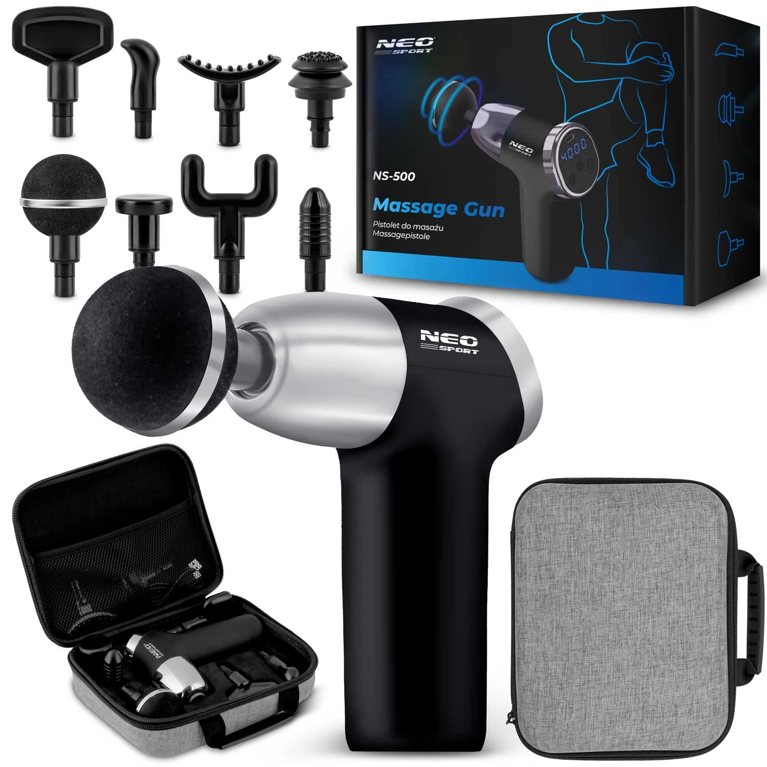 Masážna pištoľ na telo 8 nástavcov NS-500 Neo-sport čierna – Obrázok 13
