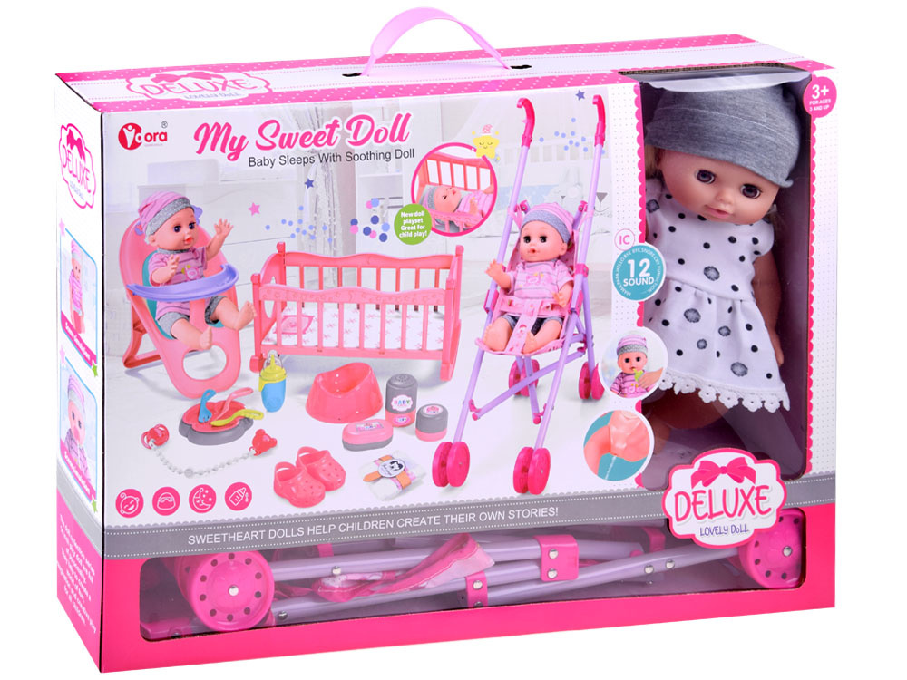 Veľká sada interaktívnej bábiky, kočíka, stoličky, postieľky a príslušenstva ZA4286 – Obrázok 2