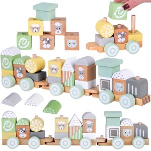 Drevená lokomotíva s vagónmi a kockami v mätovej farbe, 23 dielikov ZA5262