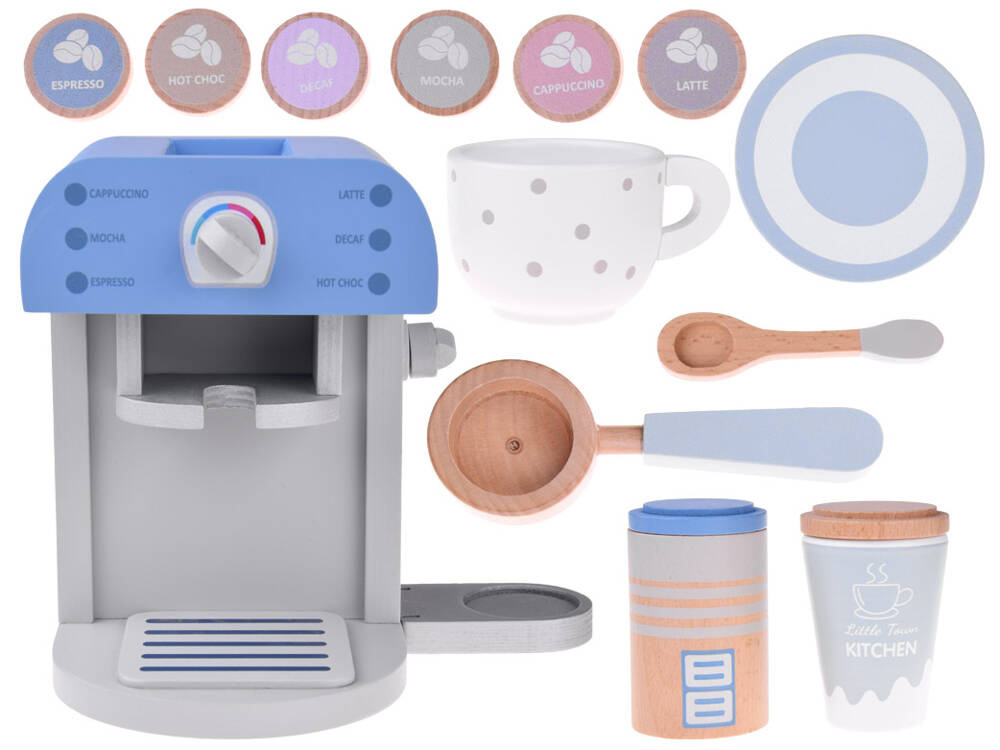 Modrý DREVENÝ KÁVOVAR pre deti + príslušenstvo Malé domáce spotrebiče ZA4834 – Obrázok 3