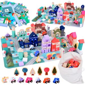 Pastelová sada drevených kociek Mesto + podložka na puzzle 115 dielikov