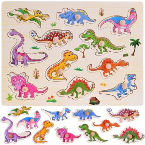 Drevené puzzle s dinosaurom, 11 dielikov, drevená vkladačka