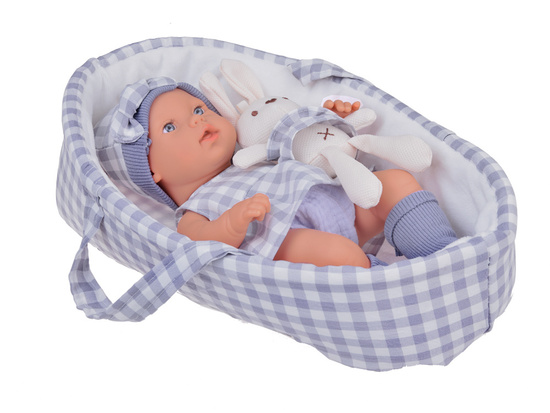 Bábika novorodenec oblečená v sivom klobúku, šatách a zajačikom ZA5007 – Obrázok 9
