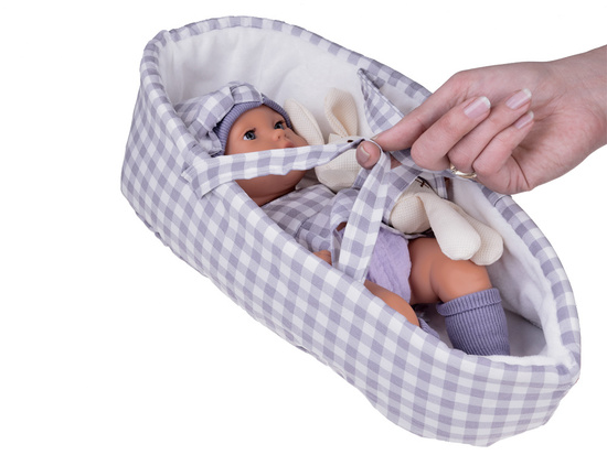 Bábika novorodenec oblečená v sivom klobúku, šatách a zajačikom ZA5007 – Obrázok 8