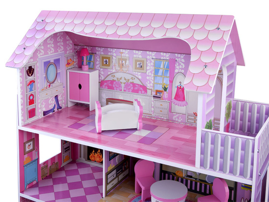 RUŽOVÝ Drevený domček pre bábiky + nábytok + LED osvetlenie ZA4130 – Obrázok 4