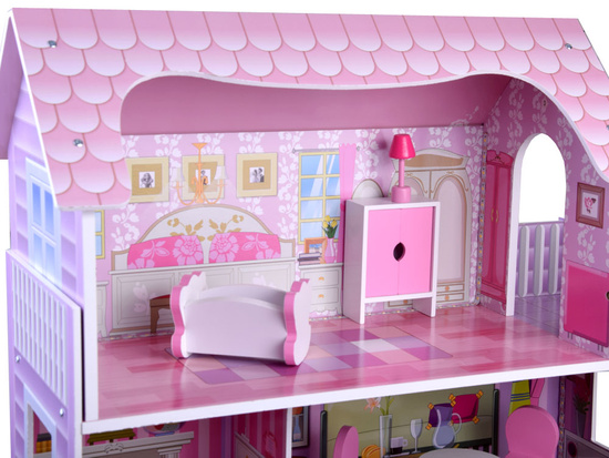 RUŽOVÝ Drevený domček pre bábiky + nábytok + LED osvetlenie ZA4130 – Obrázok 5