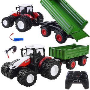 Diaľkovo ovládaný veľký ČERVENÝ TRAKTOR s prívesom + svetlom RC0602