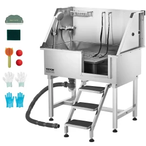 Nerezová umývacia stanica na psov 961x620x1220 mm, vaňa na starostlivosť o domáce zvieratá s poličkou, batériou, sprchovou hlavicou a držiakom na mydlo, pre veľké, stredné a malé domáce zvieratá (pravé dvierka)