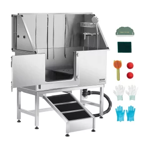 Umývacia stanica pre psov z nehrdzavejúcej ocele, vaňa na starostlivosť o domáce zvieratá 1270x580x1495 mm s rampou, filtračnou doskou z PE vody, batériou, sprchovou hlavicou a držiakom na mydlo, pre veľké, stredné a malé domáce zvieratá (ľavé dvere)