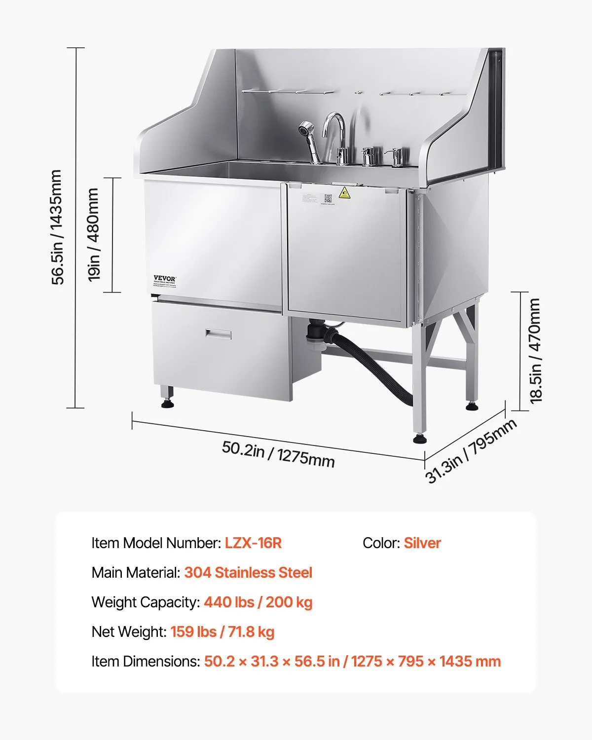 Umývacia stanica pre psov 304 z nehrdzavejúcej ocele, 127 cm vaňa na strihanie s protišmykovou úpravou, plochá rampa, zásuvka, kohútik s teplou a studenou vodou, vaňa typu všetko v jednom pre salóny strihania, vhodná pre všetky veľkosti (pravé dvierka) – Obrázok 2