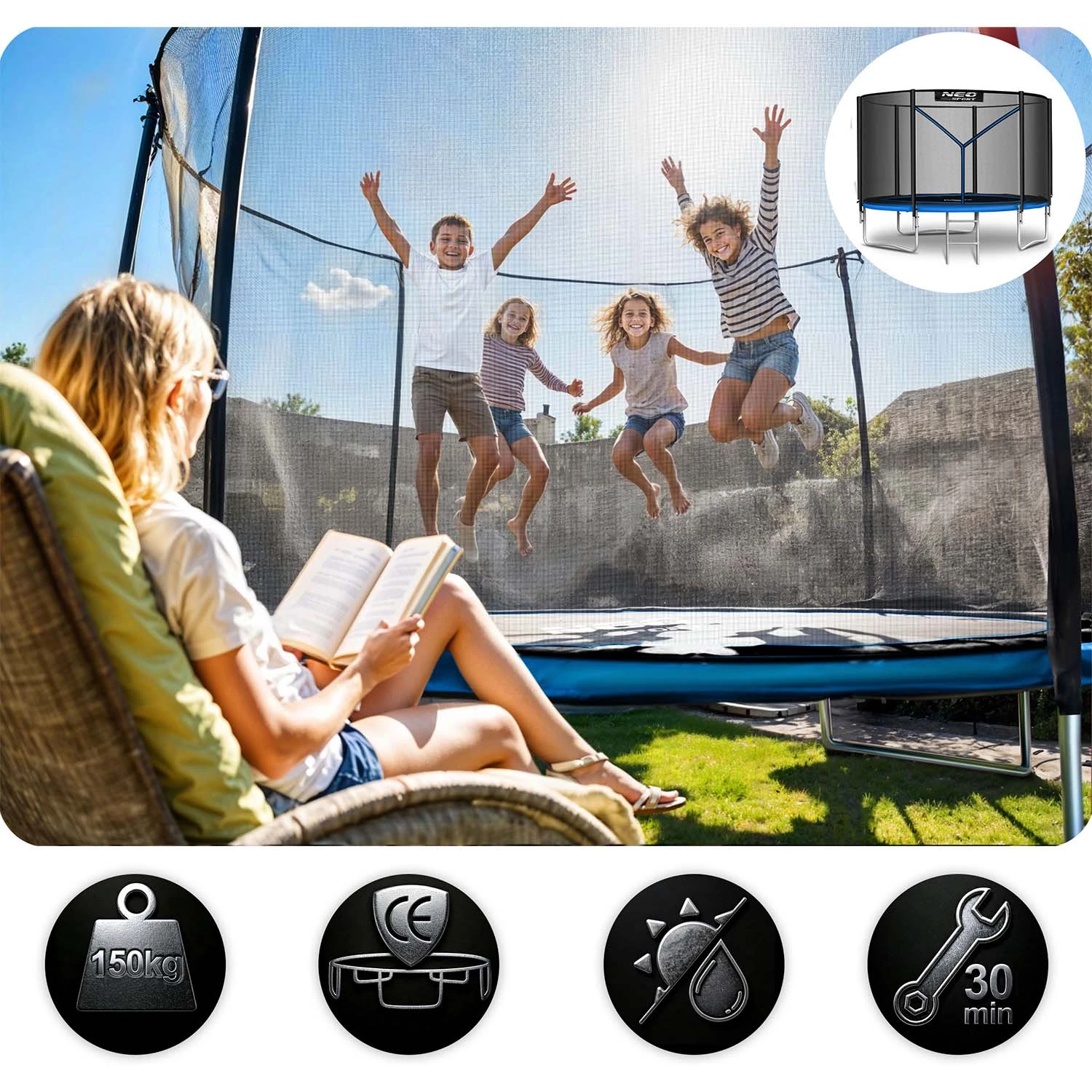 Záhradná trampolína Neo-Sport s dĺžkou 312 cm a vonkajšou sieťou a rebríkom – Obrázok 3