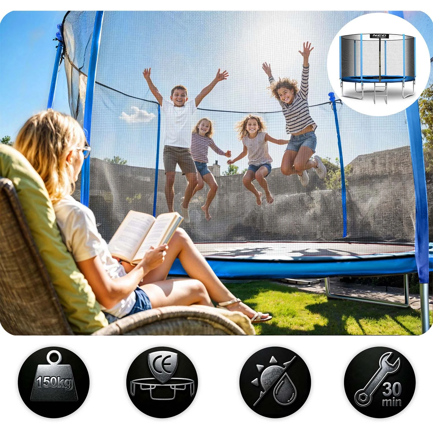 Záhradná trampolína Neo-Sport s dĺžkou 312 cm a vonkajšou sieťou a rebríkom – Obrázok 3