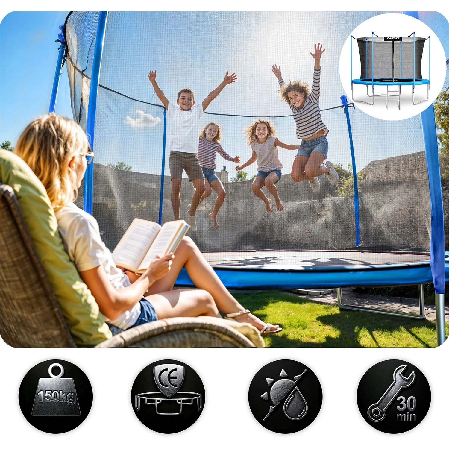 Záhradná trampolína Neo-Sport s dĺžkou 312 cm a vnútornou sieťou – Obrázok 3