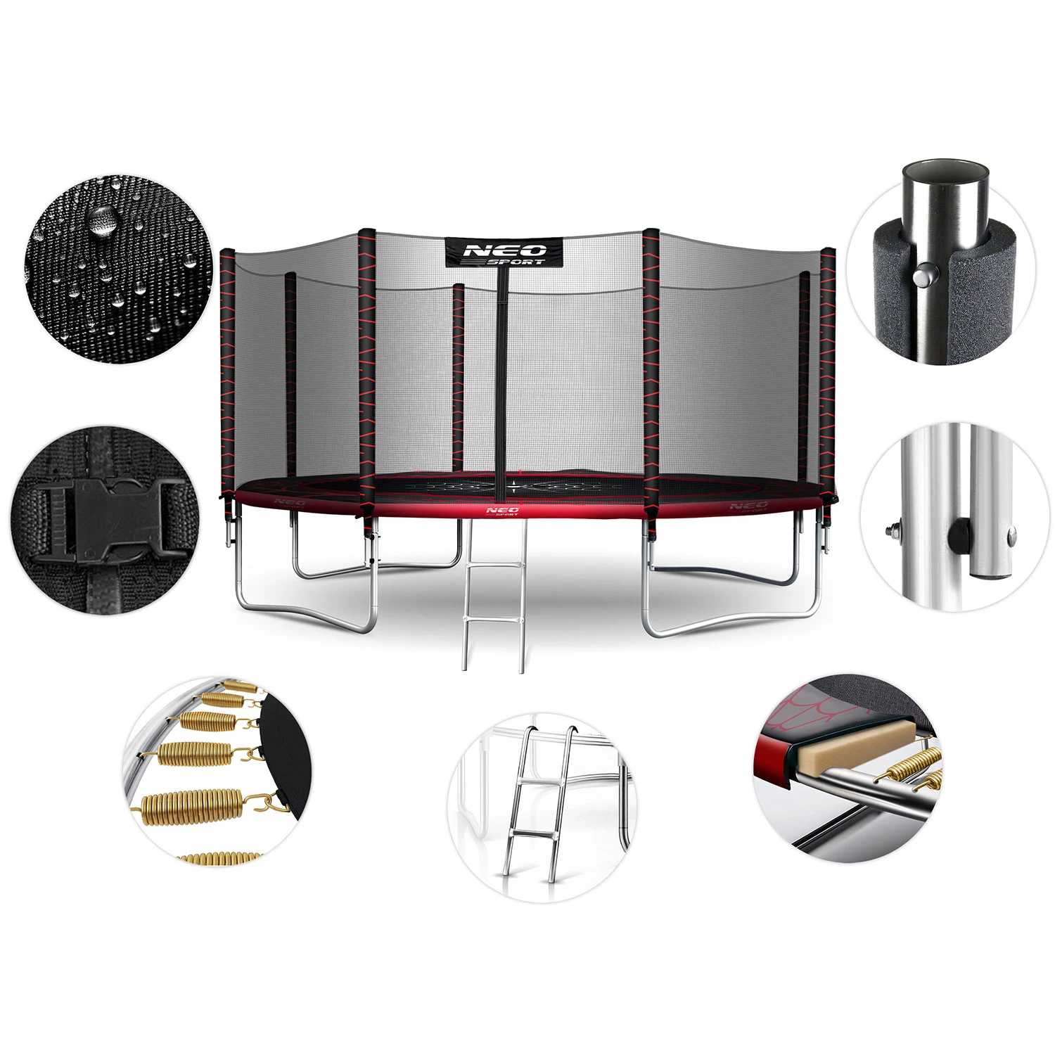 Záhradná trampolína Neo-Sport s dĺžkou 374 cm a vonkajšou sieťou a rebríkom – Obrázok 5