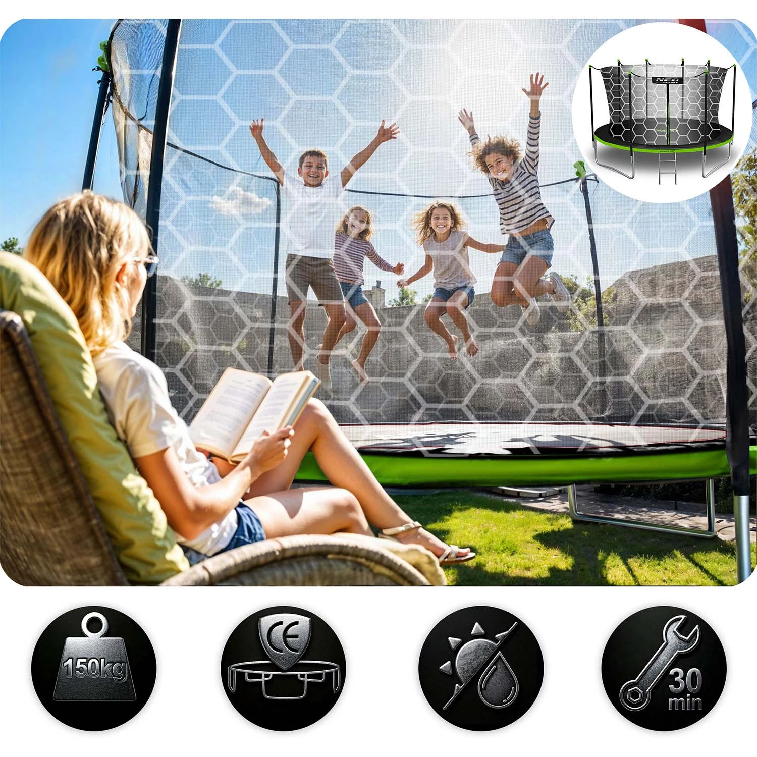 Záhradná trampolína Neo-Sport s dĺžkou 465 cm a vnútornou sieťou – Obrázok 3
