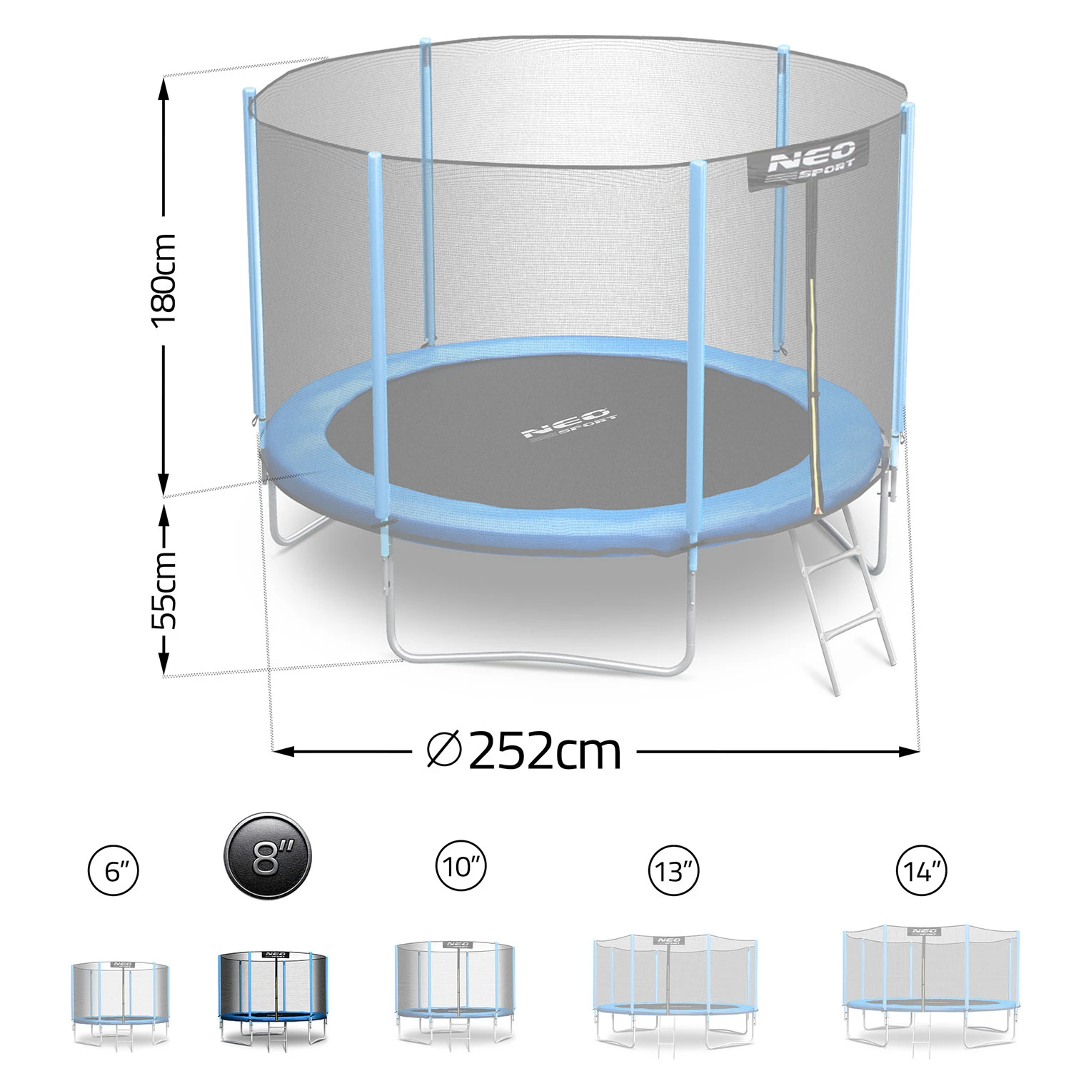 Záhradná trampolína Neo-Sport s dĺžkou 252 cm a vonkajšou sieťou a rebríkom – Obrázok 4