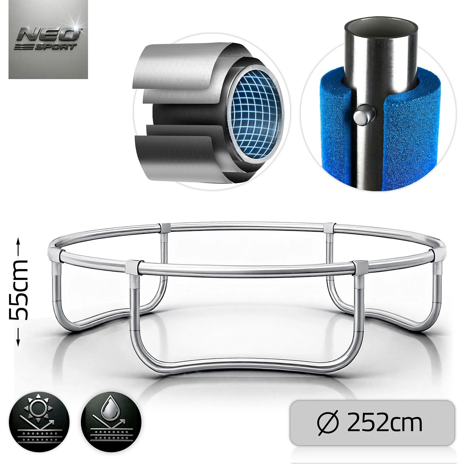 Záhradná trampolína Neo-Sport s dĺžkou 252 cm a vonkajšou sieťou a rebríkom – Obrázok 5