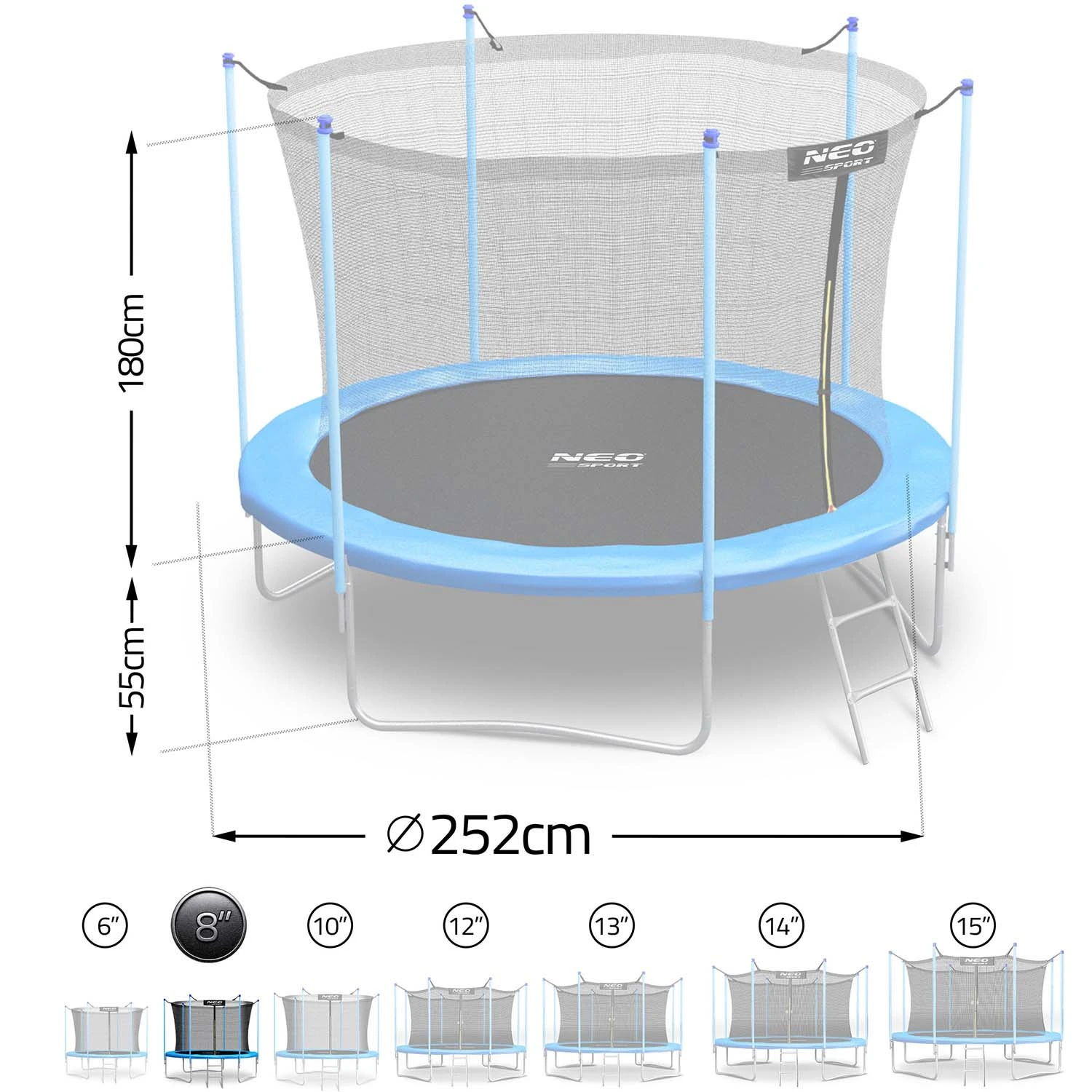 Záhradná trampolína Neo-Sport s dĺžkou 252 cm a vnútornou sieťou – Obrázok 3