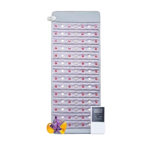 Infračervený tepelný pás, vyhrievacia podložka s nefritovými a turmalínovými kameňmi, fotónové svetlo 660 nm a negatívne ióny, horúca podložka z drahokamov 39–70 ℃ s časovačom 0–720 min pre pás a ramená (1530x615x20mm)