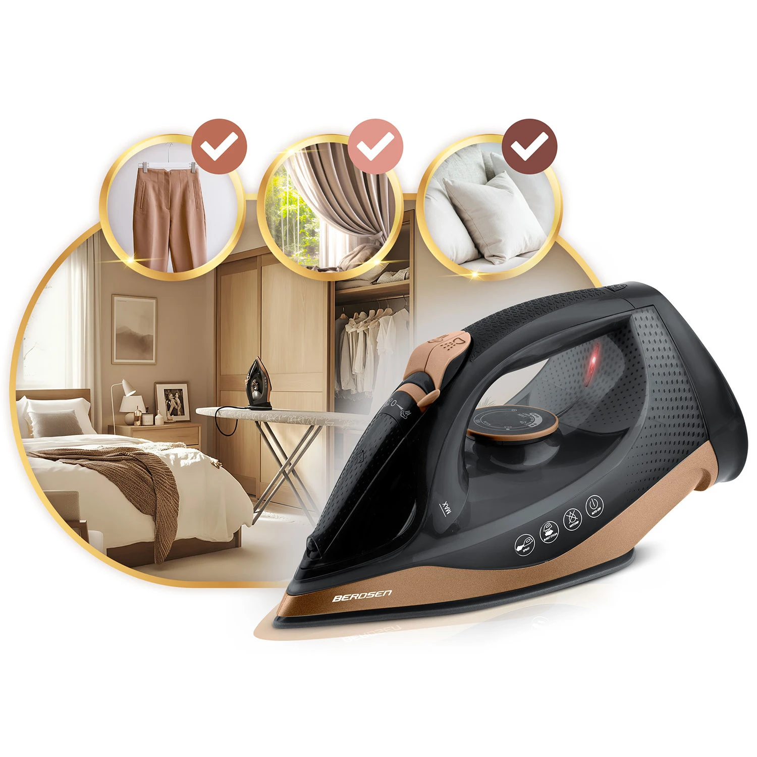 Bezdrôtová naparovacia žehlička 2600 W Berdsen BD-333 s keramickým povrchom – Obrázok 6