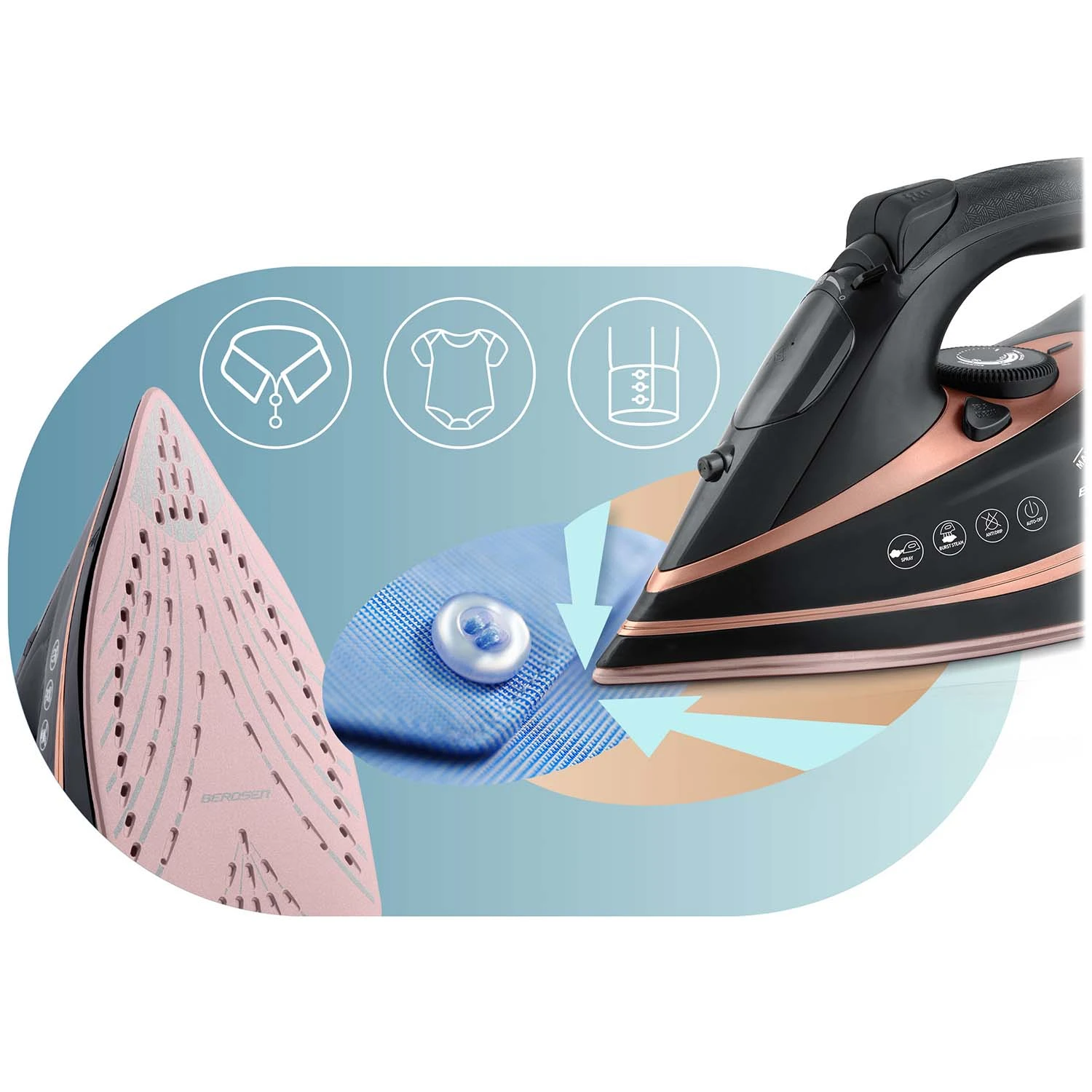 Naparovacia žehlička Berdsen BD-332 s výkonom 3000 W, keramický povrch, vertikálna prevádzka – Obrázok 4