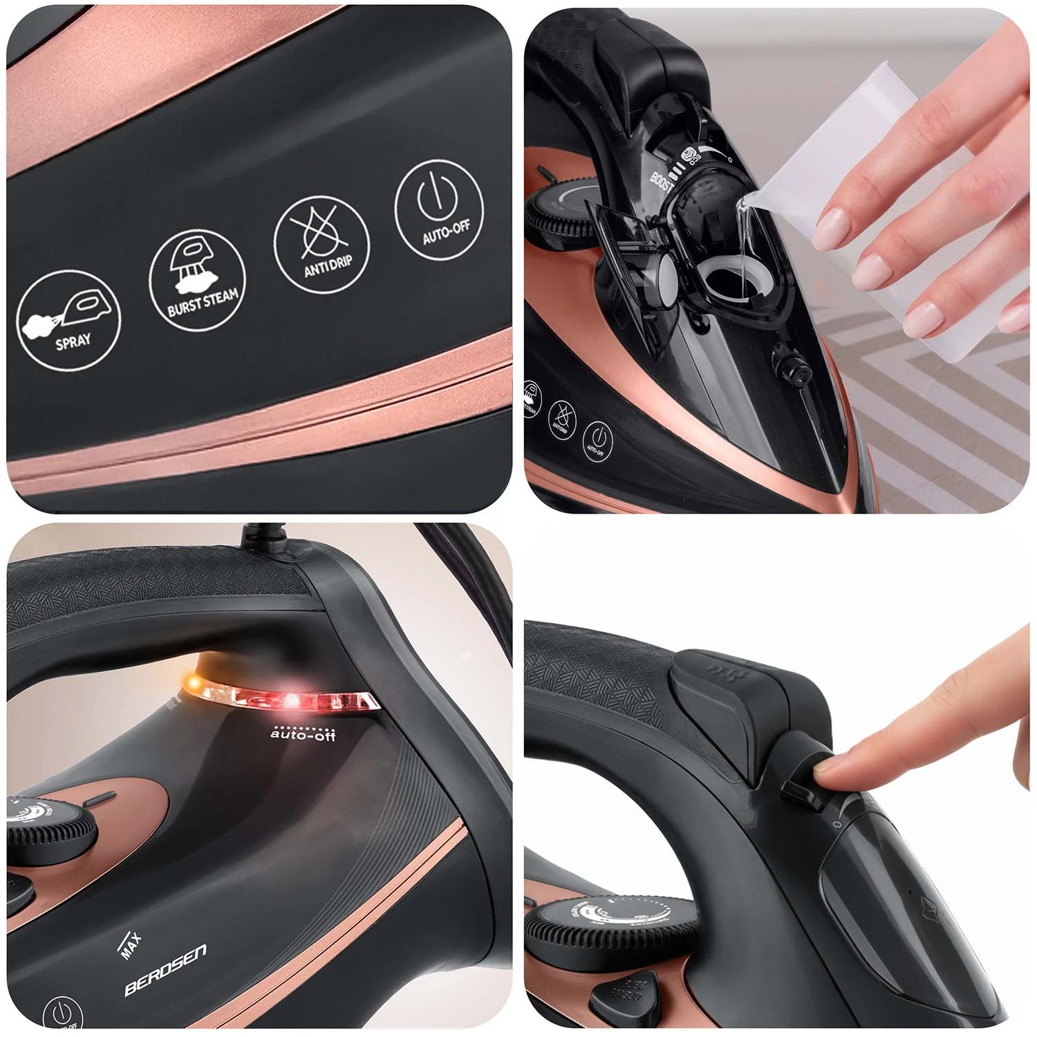 Naparovacia žehlička Berdsen BD-332 s výkonom 3000 W, keramický povrch, vertikálna prevádzka – Obrázok 3