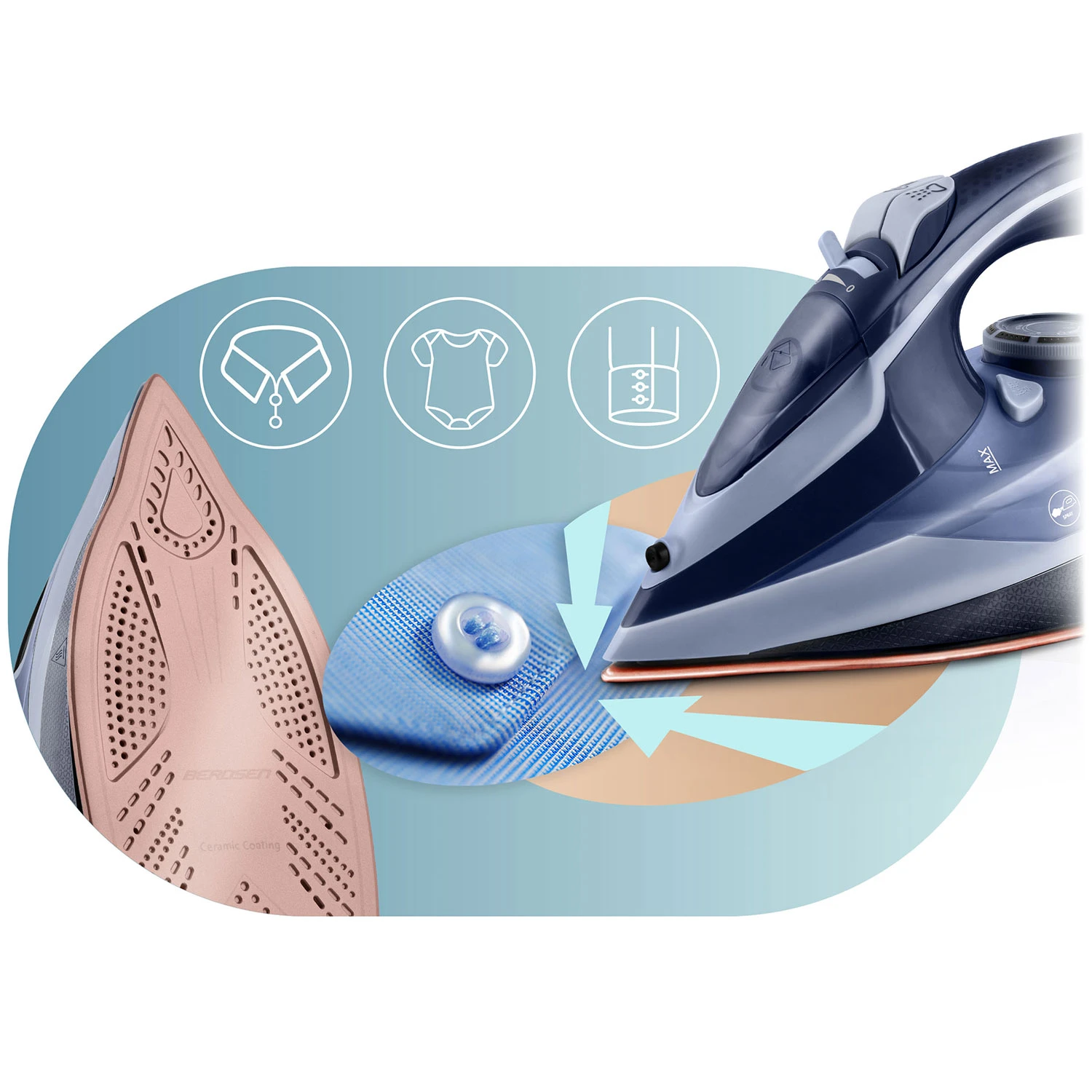 Naparovacia žehlička Berdsen BD-330 s výkonom 3000 W, keramický povrch, vertikálna prevádzka – Obrázok 5