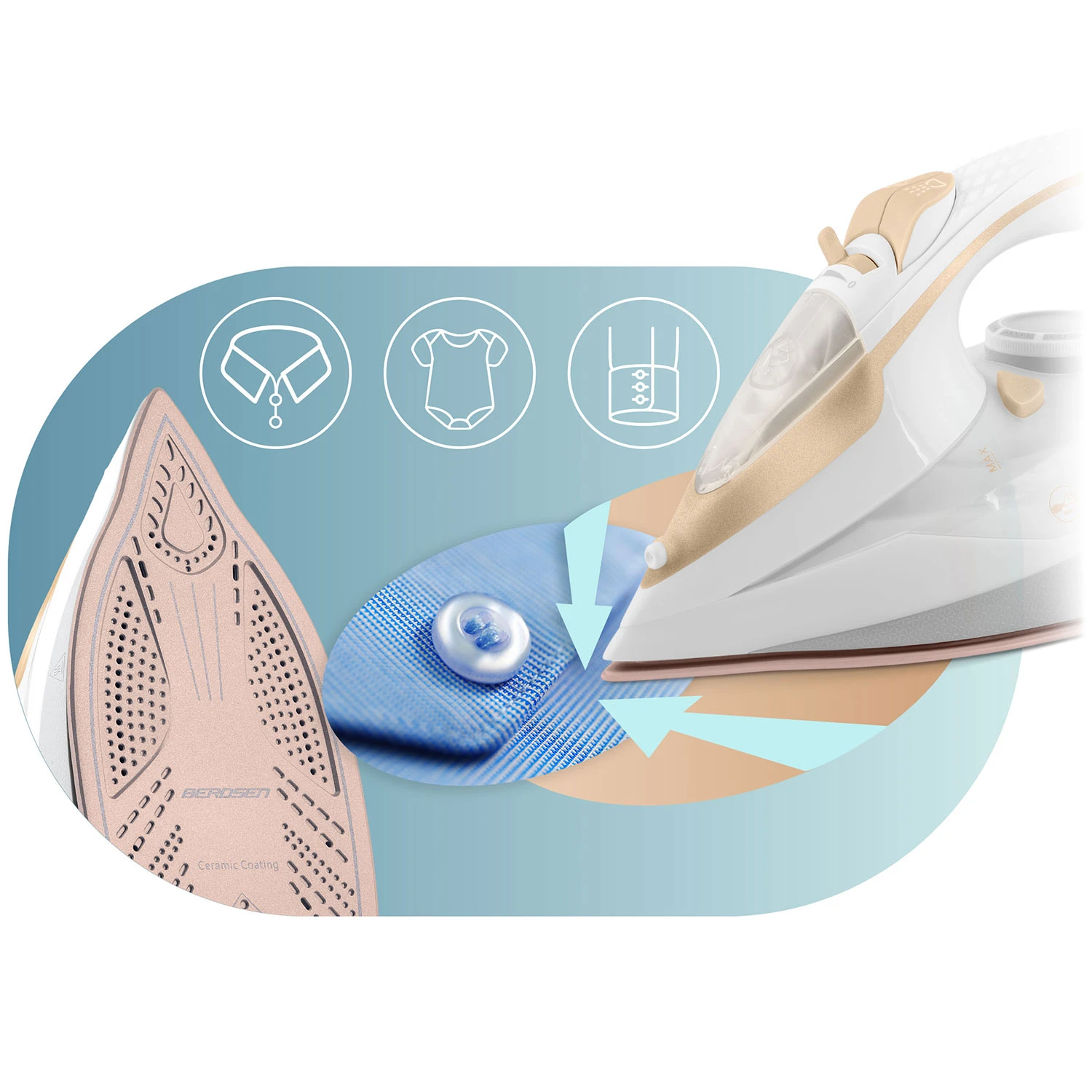 Naparovacia žehlička Berdsen BD-330 s výkonom 3000 W, keramický povrch, vertikálna prevádzka – Obrázok 4