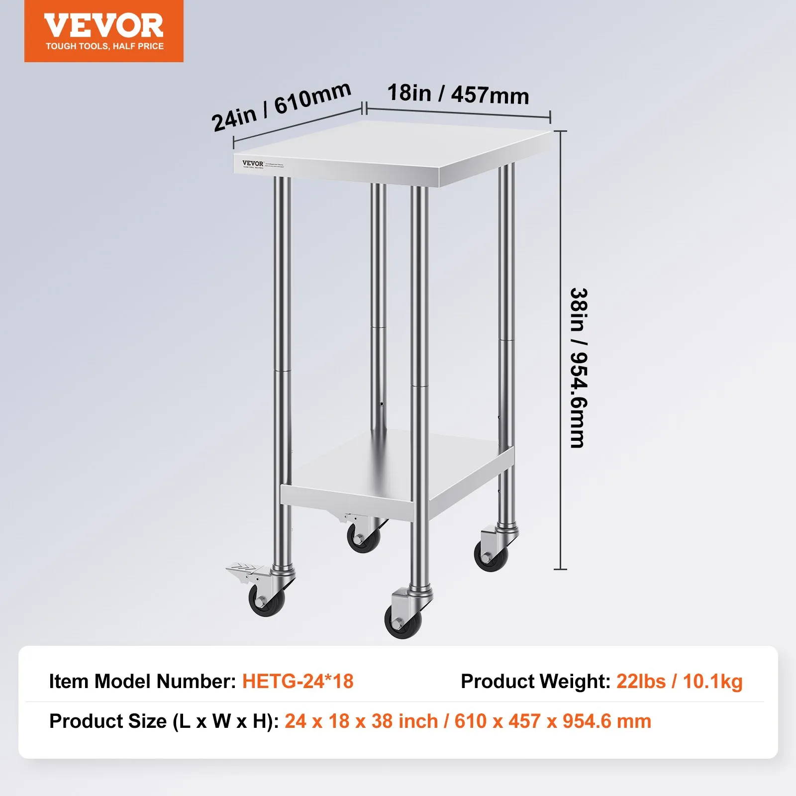 Pracovný stôl z nehrdzavejúcej ocele, prípravný stôl 610 x 457 x 954,6 mm, nosnosť 290 kg, so 4 kolieskami, 3 nastaviteľné výšky, pracovný stôl na prípravu jedál pre komerčné reštaurácie – Obrázok 4