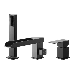 Vaňová batéria s rímskou konštrukciou a 3 otvormi, sada vaňovej batérie s ručnou sprchou a 1 rukoväťou, matná čierna vysokoprietoková vaňová batéria s možnosťou dvojitého prietoku vody, stropná batéria