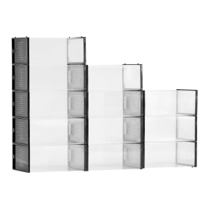 Úložné boxy na topánky, stohovateľné boxy na topánky (12 ks), vhodné do veľkosti US 11, modulárne plastové organizéry na topánky na vysokých podpätkoch, čižiem a klobúkov, čierny rám