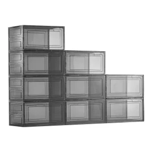 Úložné boxy na topánky, stohovateľné boxy na topánky (9 ks), vhodné do veľkosti US 13, organizér na topánky s magnetickými dvierkami na uloženie vysokých podpätkov, čižiem a klobúkov, číre + čierne